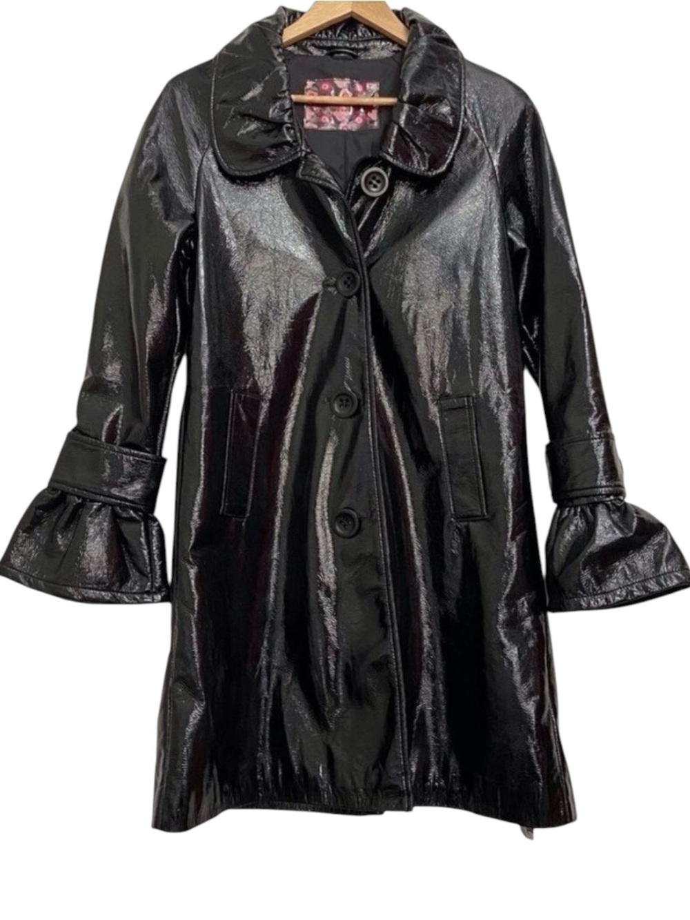 BB DAKOTA black trench coat glossy 60’s 70’s faux patin leather jacket med